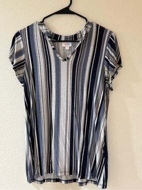 LuLaRoe Navy, Gray & White Striped V-Neck Tee
